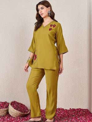 Embroidered Mustard Silk Co Ords for Women 3