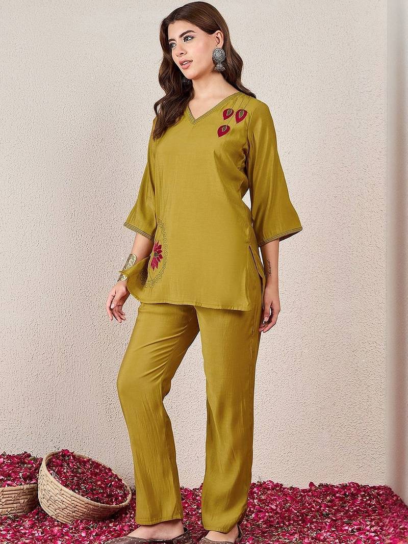 Embroidered Mustard Silk Co Ords for Women