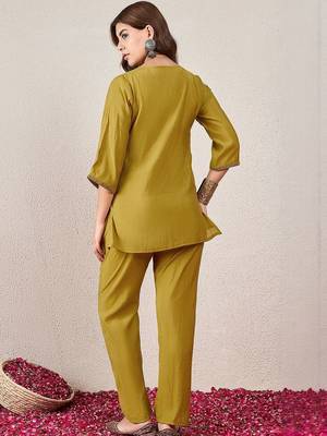 Embroidered Mustard Silk Co Ords for Women 4