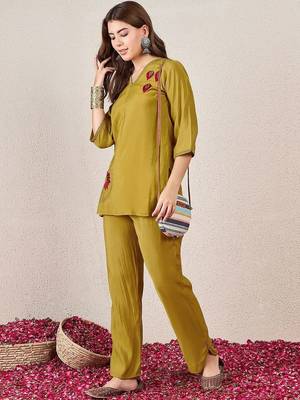 Embroidered Mustard Silk Co Ords for Women 5