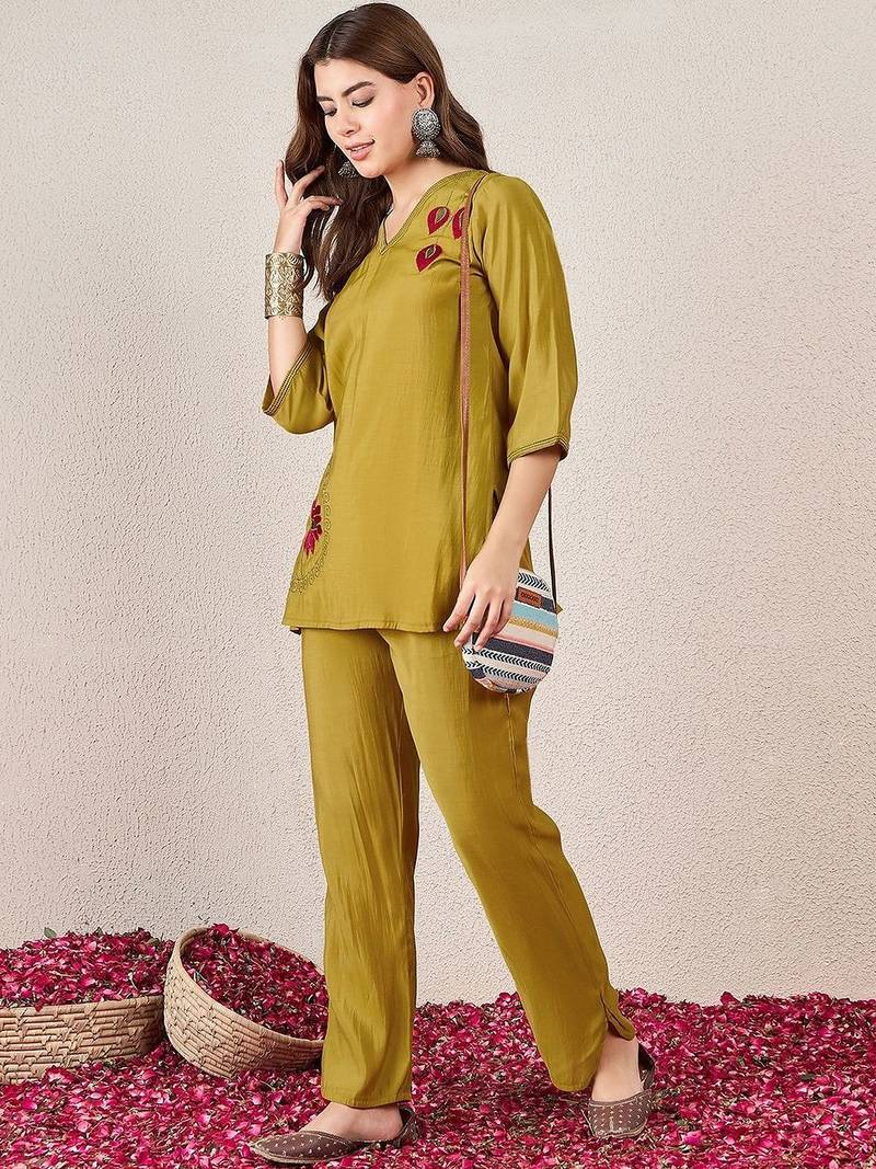 Embroidered Mustard Silk Co Ords for Women