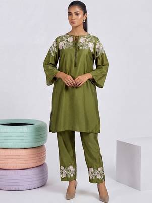 Embroidered Mehandi Green Silk Co Ords for Women 1