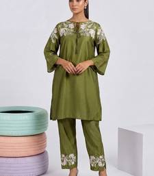 Embroidered Mehandi Green Silk Co Ords for Women