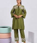 Embroidered Mehandi Green Silk Co Ords for Women
