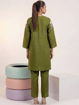 Embroidered Mehandi Green Silk Co Ords for Women 2