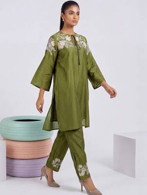 Embroidered Mehandi Green Silk Co Ords for Women 3
