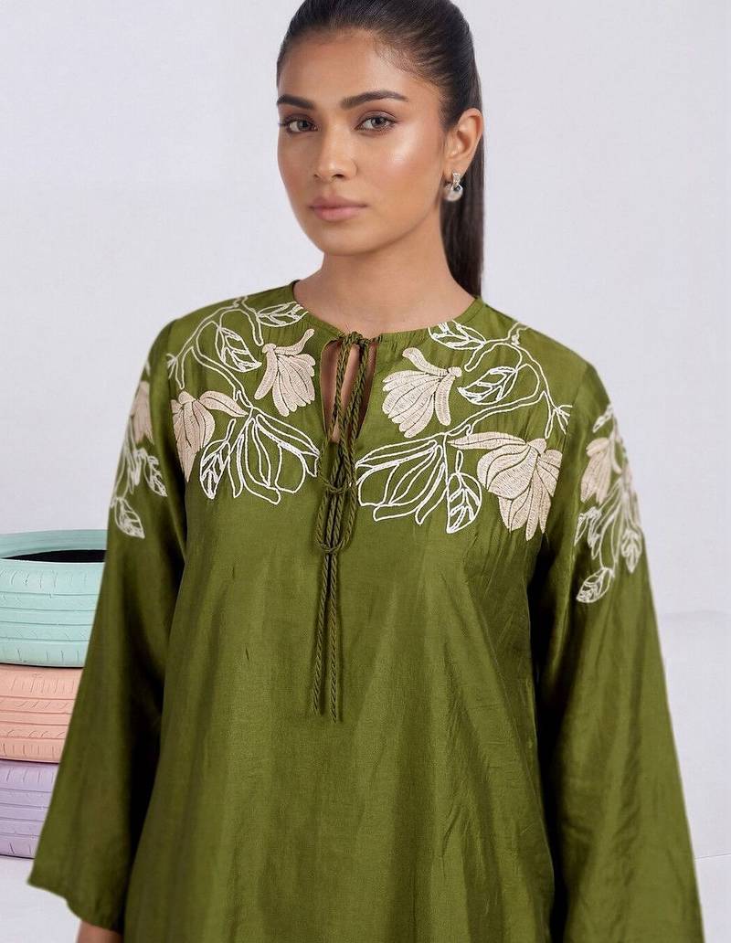 Embroidered Mehandi Green Silk Co Ords for Women