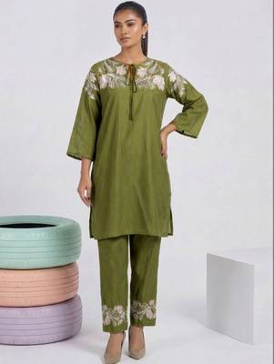 Embroidered Mehandi Green Silk Co Ords for Women 5