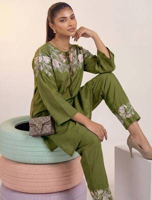 Embroidered Mehandi Green Silk Co Ords for Women 6