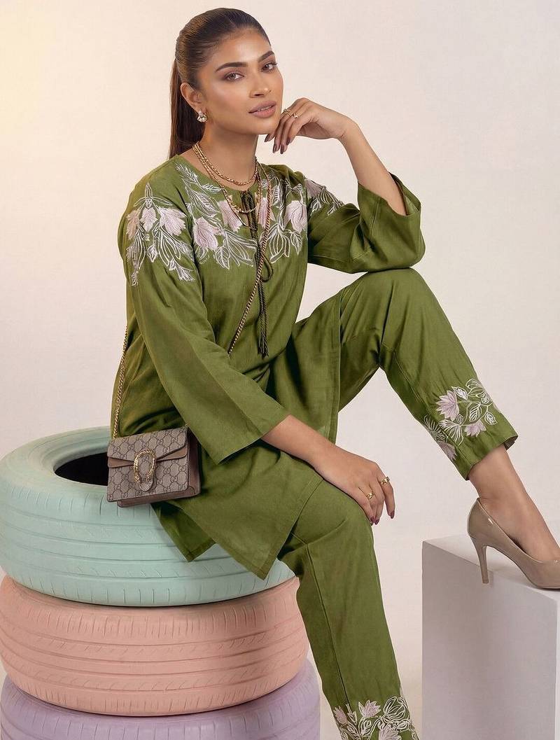Embroidered Mehandi Green Silk Co Ords for Women