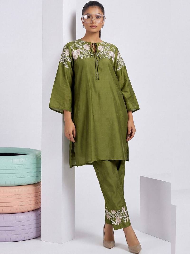 Embroidered Mehandi Green Silk Co Ords for Women