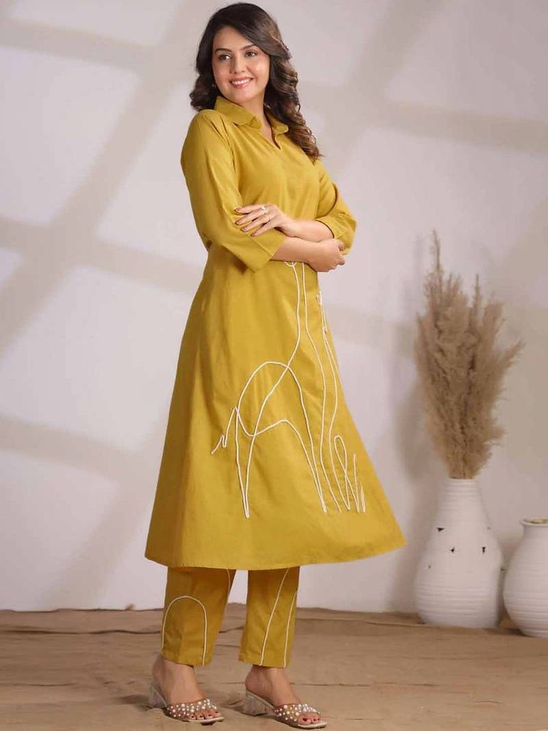 Embroidered Yellow Cotton Co Ords for Women