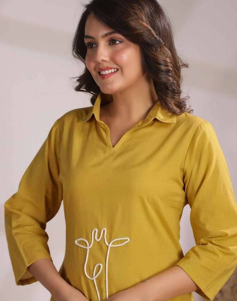 Embroidered Yellow Cotton Co Ords for Women
