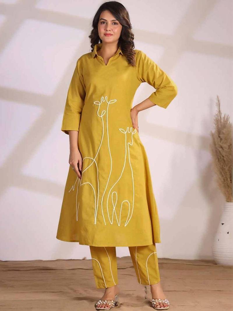 Embroidered Yellow Cotton Co Ords for Women