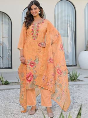Women Floral Printed Regular Thread Work Linen Kurta with Trousers & With Dupatta 1