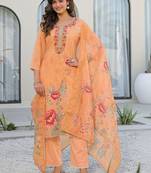 Women Floral Printed Regular Thread Work Linen Kurta with Trousers & With Dupatta