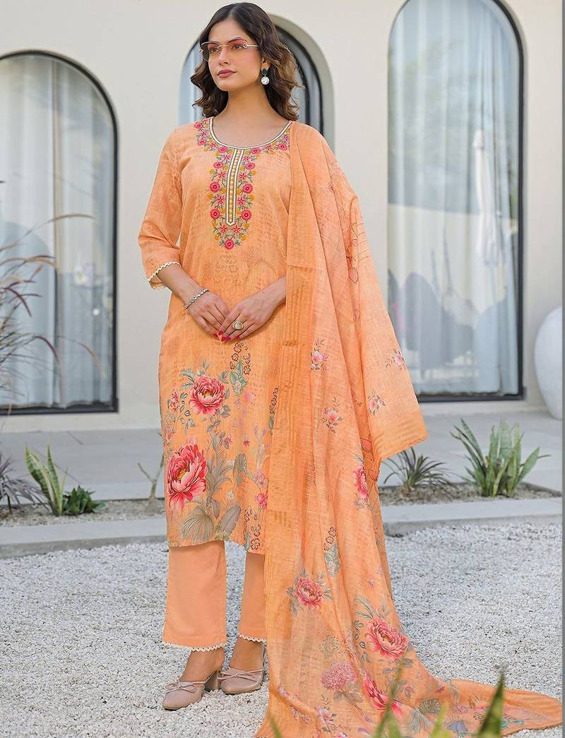 Women Floral Printed Regular Thread Work Linen Kurta with Trousers & With Dupatta