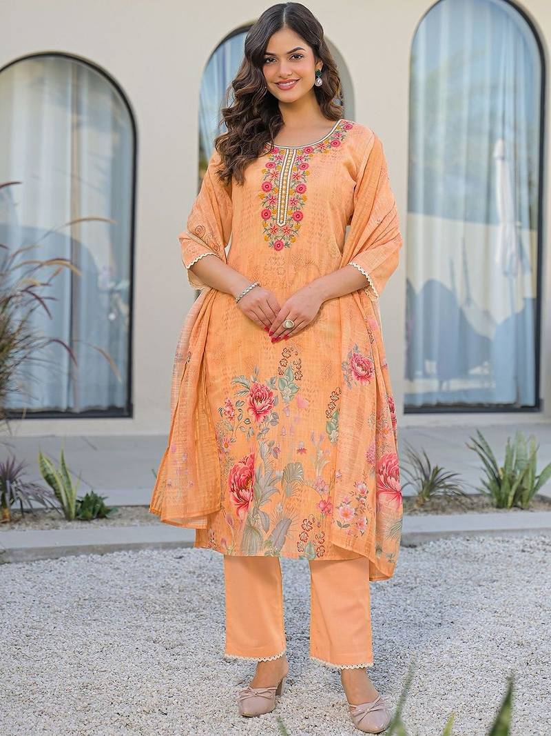 Women Floral Printed Regular Thread Work Linen Kurta with Trousers & With Dupatta