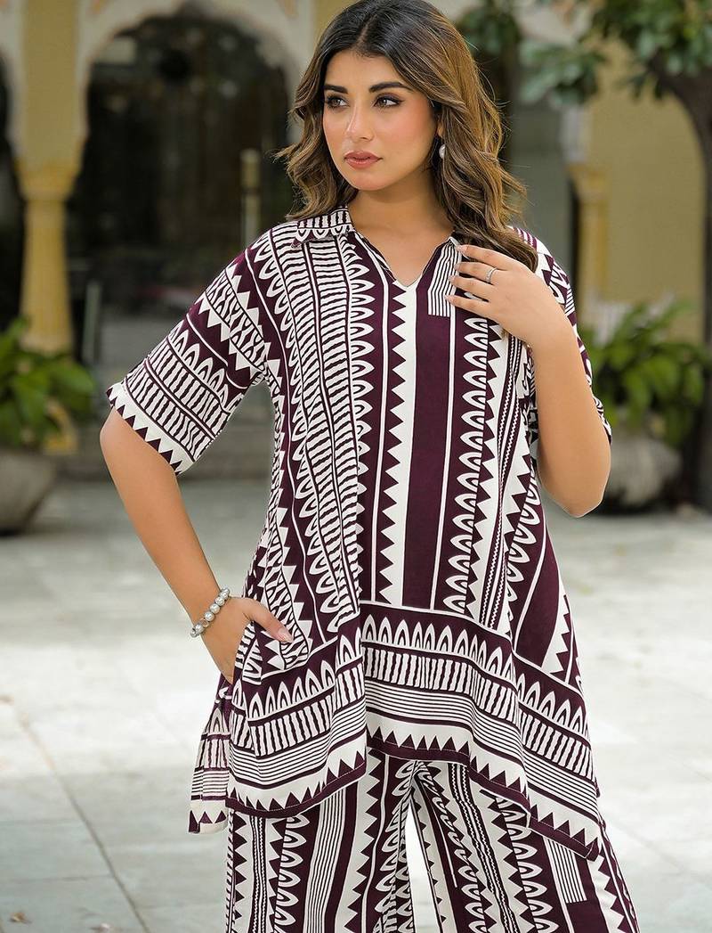 Printed Wine Rayon Co Ords for Women
