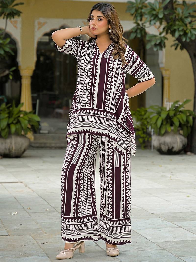 Printed Wine Rayon Co Ords for Women