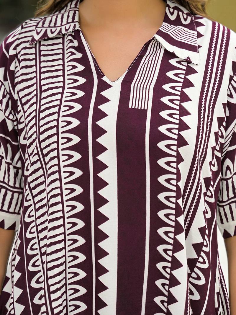 Printed Wine Rayon Co Ords for Women