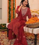 Bandhani Printed Round Neck Thread Work Kurta With Trousers & Dupatta