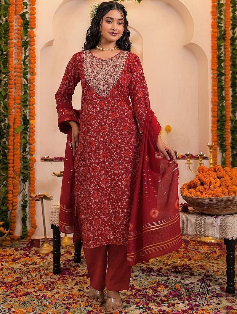 Bandhani Printed Round Neck Thread Work Kurta With Trousers & Dupatta