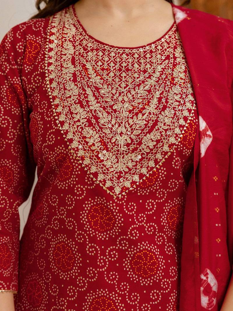 Women Bandhani Printed Kurta with Trousers & Dupatta