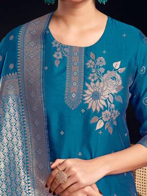 Floral Printed Round Neck Straight Kurta With Trousers & Dupatta 5