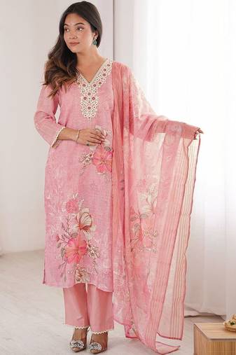 Women Floral Printed Regular Linen Kurta with Trousers & With Dupatta