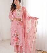 Women Floral Printed Regular Linen Kurta with Trousers & With Dupatta