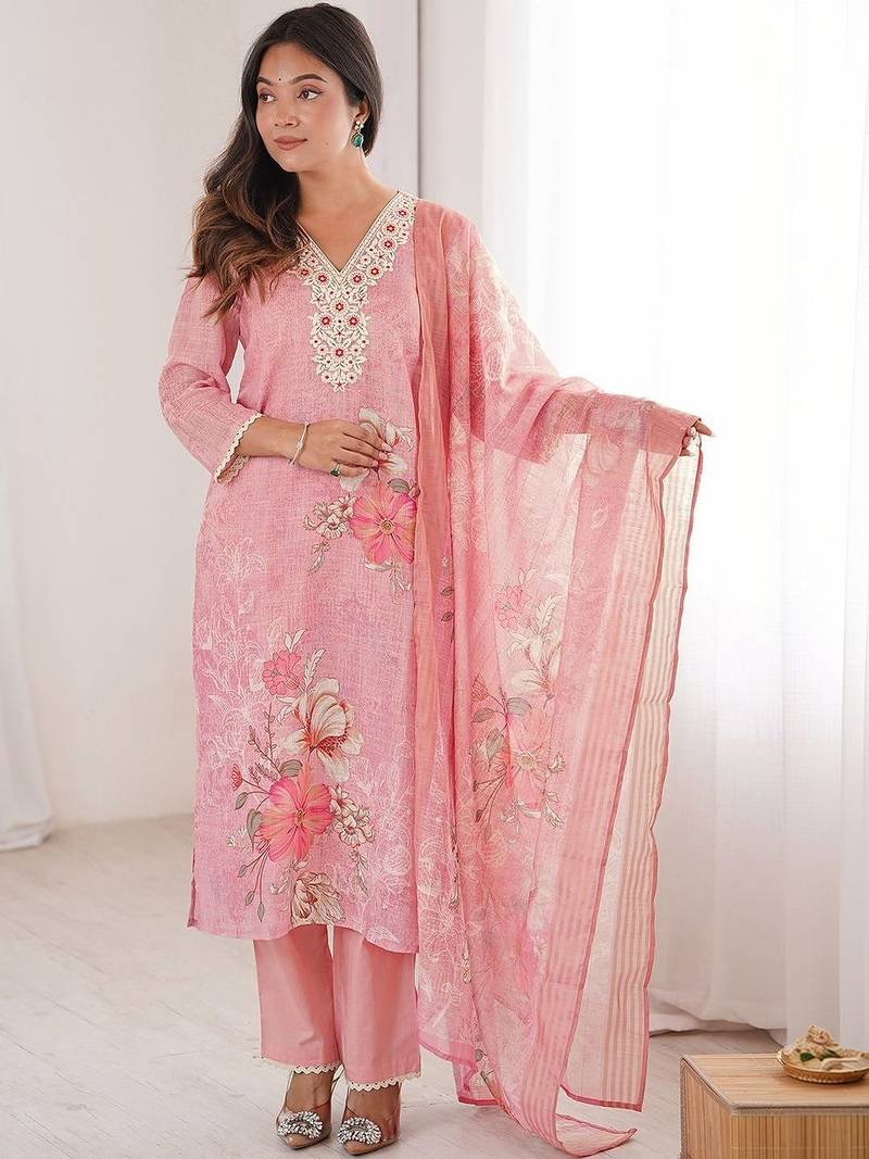 Women Floral Printed Regular Linen Kurta with Trousers & With Dupatta