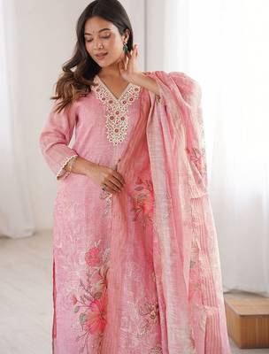 Women Floral Printed Regular Linen Kurta with Trousers & With Dupatta 2