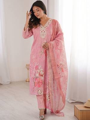 Women Floral Printed Regular Linen Kurta with Trousers & With Dupatta 7