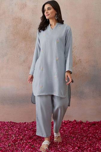 Embroidered Light Blue Cotton Co Ords for Women