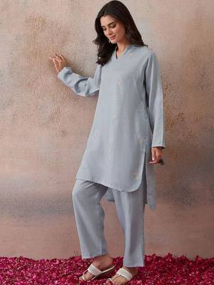 Embroidered Light Blue Cotton Co Ords for Women 3