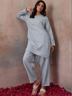 Embroidered Light Blue Cotton Co Ords for Women 4