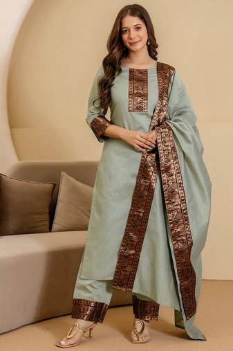 Women Woven Design Regular Kurta with Trousers & Dupatta