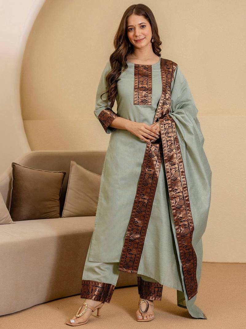 Women Woven Design Regular Kurta with Trousers & Dupatta