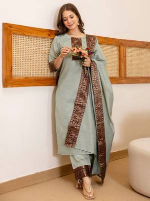 Women Woven Design Regular Kurta with Trousers & Dupatta 4