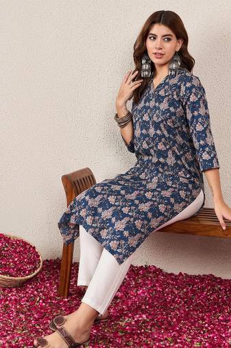 Floral Printed V-Neck Cotton Straight Kurtas
