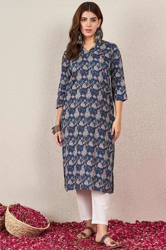 Floral Printed V-Neck Cotton Straight Kurtas