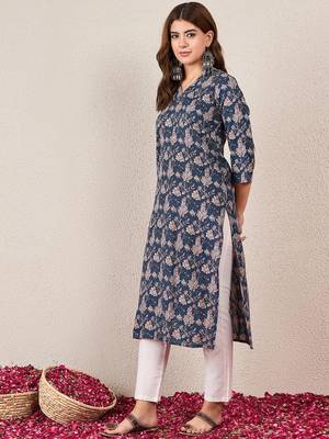 Floral Printed V-Neck Cotton Straight Kurtas 3