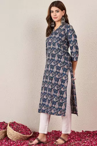 Floral Printed V-Neck Cotton Straight Kurtas