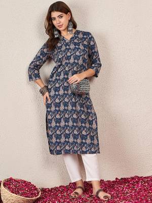 Floral Printed V-Neck Cotton Straight Kurtas 4