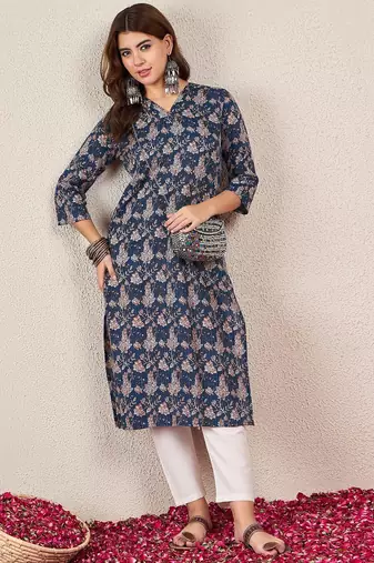 Floral Printed V-Neck Cotton Straight Kurtas