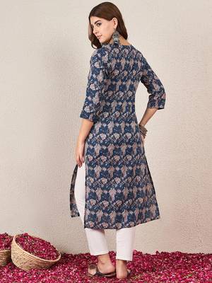 Floral Printed V-Neck Cotton Straight Kurtas 5