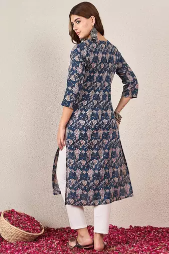 Floral Printed V-Neck Cotton Straight Kurtas