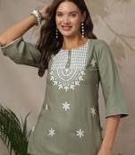 Women Ethnic Motifs Embroidered Round Neck Short Kurti