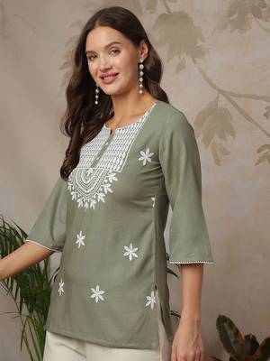 Women Ethnic Motifs Embroidered Round Neck Short Kurti 4